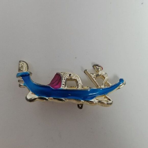 Vintage Man Pushing a River Boat with Stick Enamel Brooch, Blue Gondola, Estate - Picture 2 of 6
